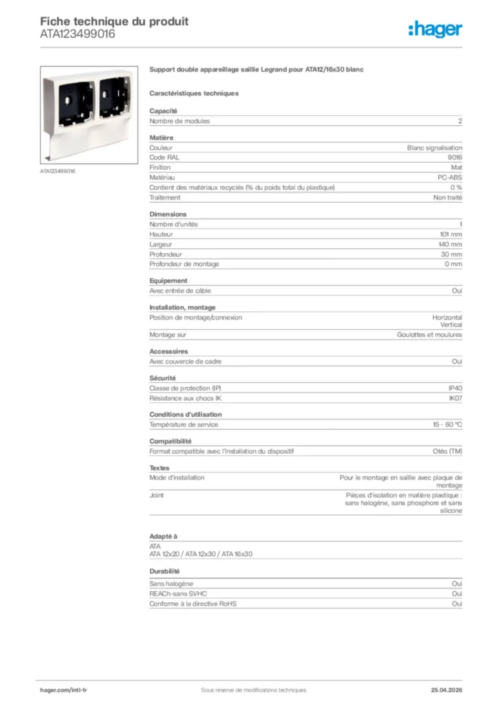Image Hager Fiche technique du produit ATA123499016 | Hager Afrique