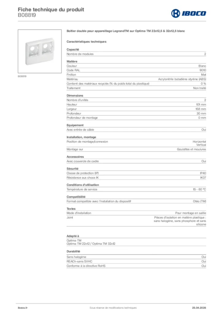 Image Iboco Fiche technique du produit B08819 | Hager France