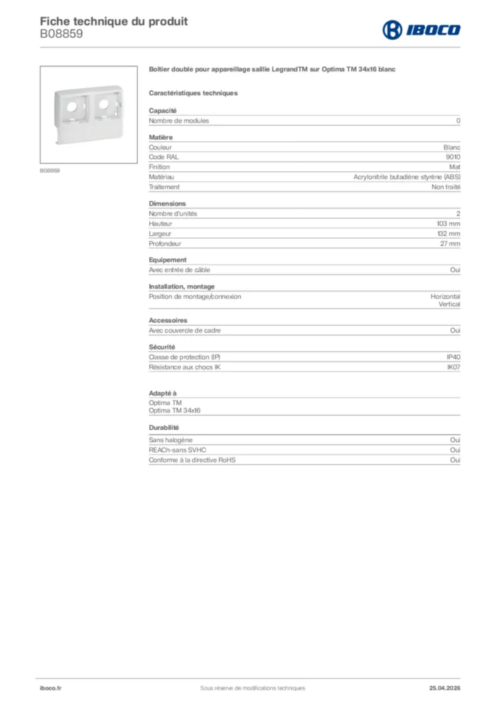 Image Iboco Fiche technique du produit B08859 | Hager France