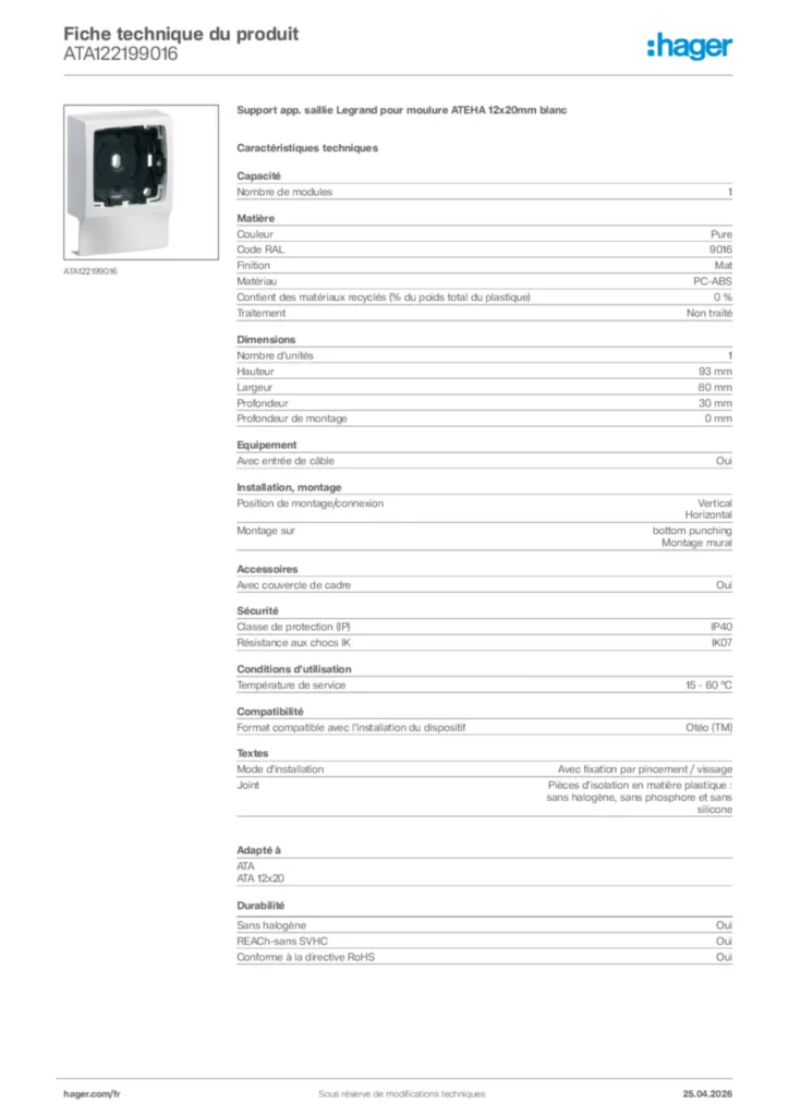 Image Hager Fiche technique du produit ATA122199016 | Hager France