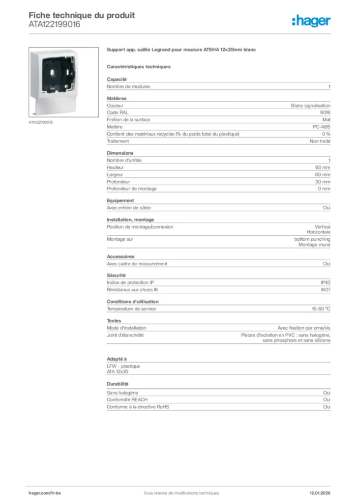 Image Hager Fiche technique du produit ATA122199016 | Hager Belgique