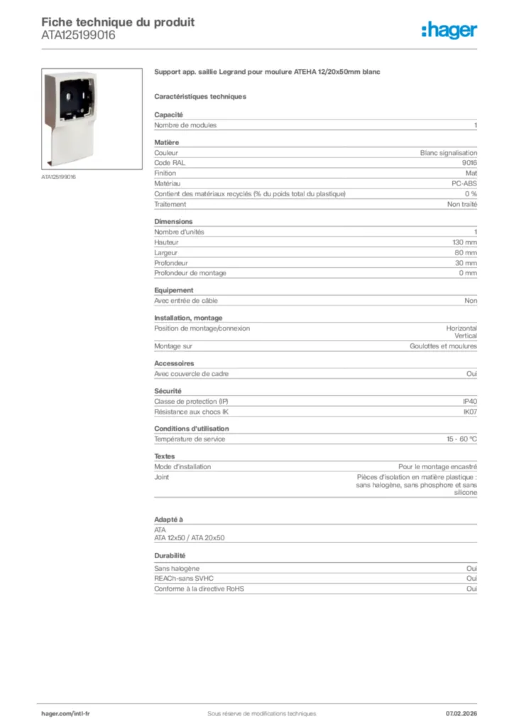 Image Hager Fiche technique du produit ATA125199016 | Hager Afrique