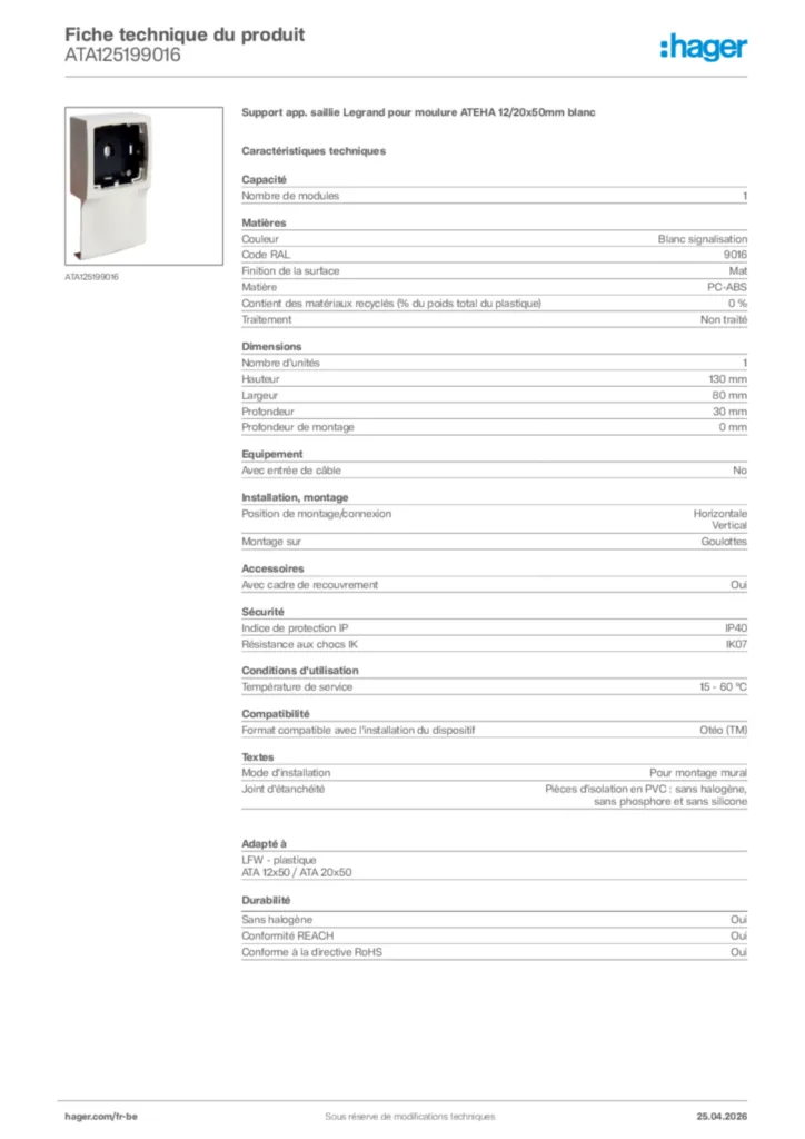 Image Hager Fiche technique du produit ATA125199016 | Hager Belgique