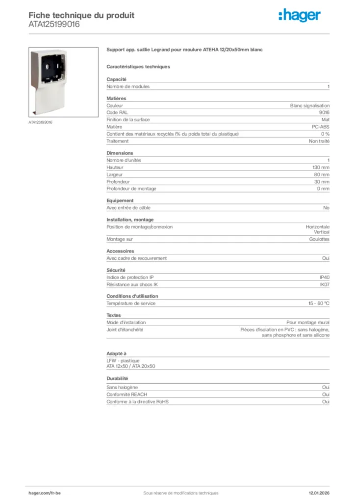 Image Hager Fiche technique du produit ATA125199016 | Hager Belgique