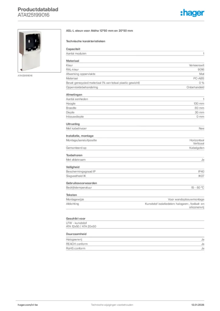Afbeelding Hager Productdatablad ATA125199016 | Hager Belgium