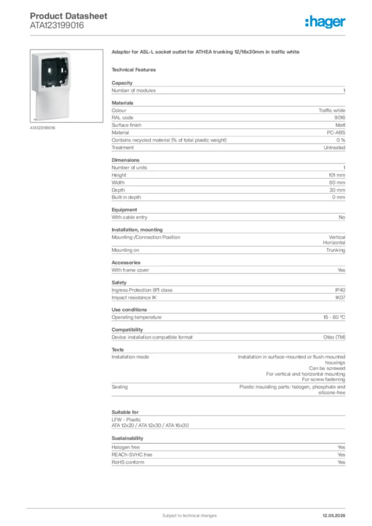 Image Hager Product data sheet ATA123199016  | Hager Africa