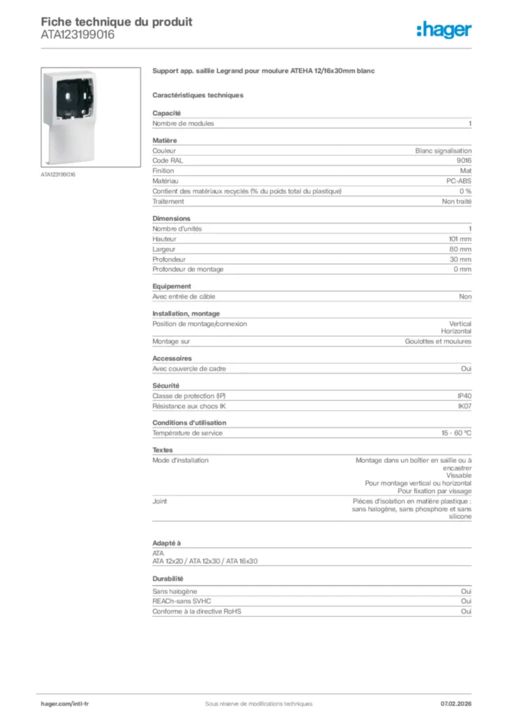 Image Hager Fiche technique du produit ATA123199016 | Hager Afrique