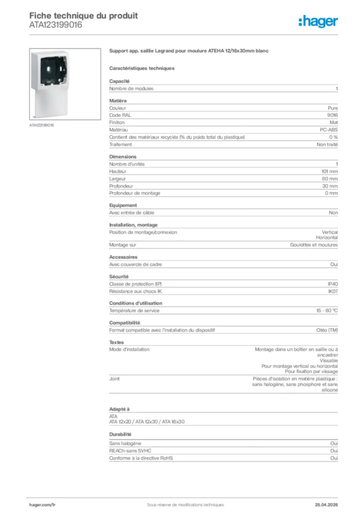 Image Hager Fiche technique du produit ATA123199016 | Hager France