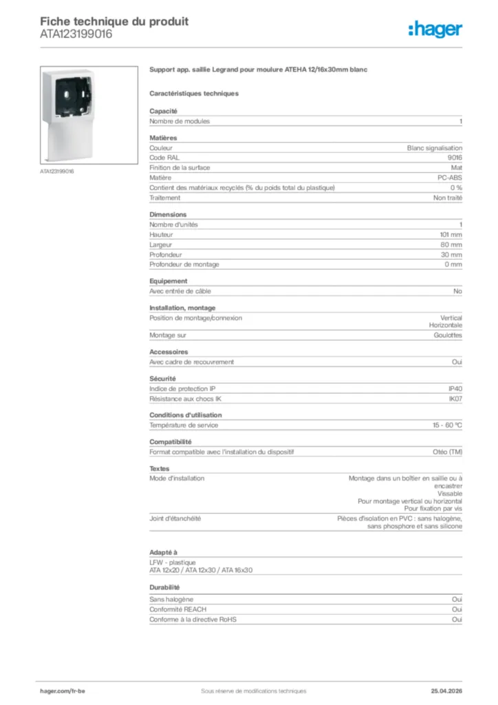 Image Hager Fiche technique du produit ATA123199016 | Hager Belgique