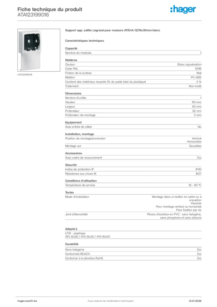 Image Hager Fiche technique du produit ATA123199016 | Hager Belgique