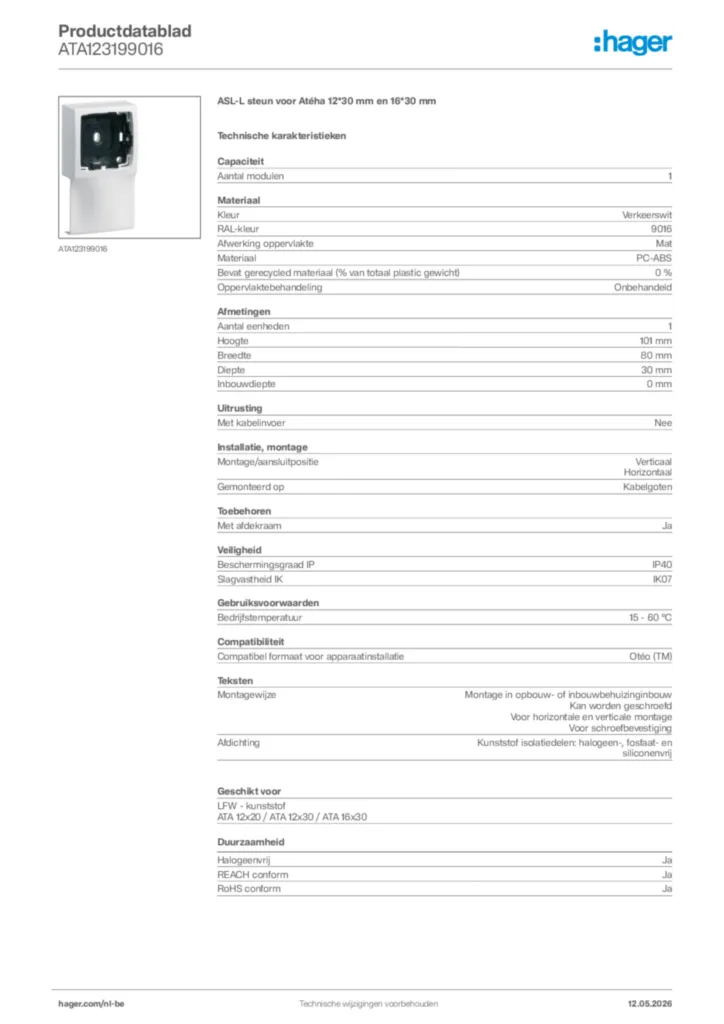 Afbeelding Hager Productdatablad ATA123199016 | Hager Belgium