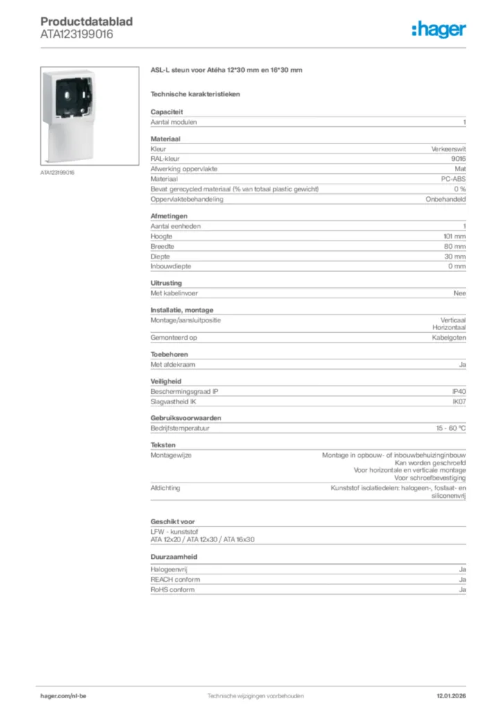 Afbeelding Hager Productdatablad ATA123199016 | Hager Belgium