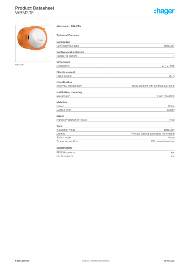 Image Hager Product data sheet WBM20F  | Hager Australia
