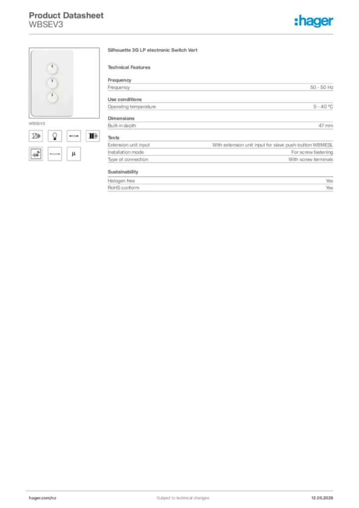 Image Hager Product data sheet WBSEV3  | Hager New Zealand