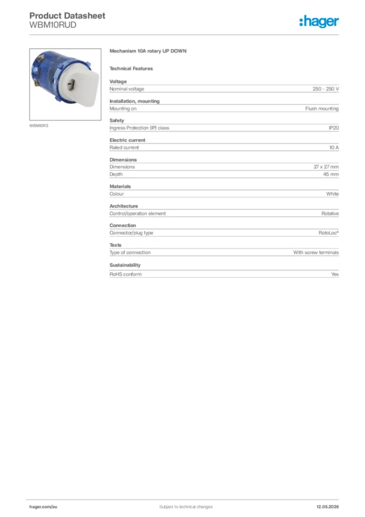 Image Hager Product data sheet WBM10RUD  | Hager Australia