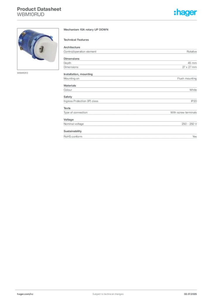 Image Hager Product data sheet WBM10RUD  | Hager New Zealand