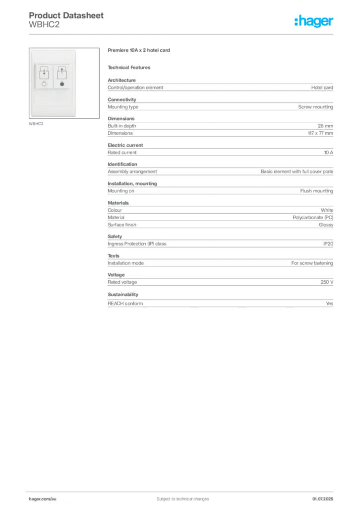 Image Hager Product data sheet WBHC2  | Hager Australia