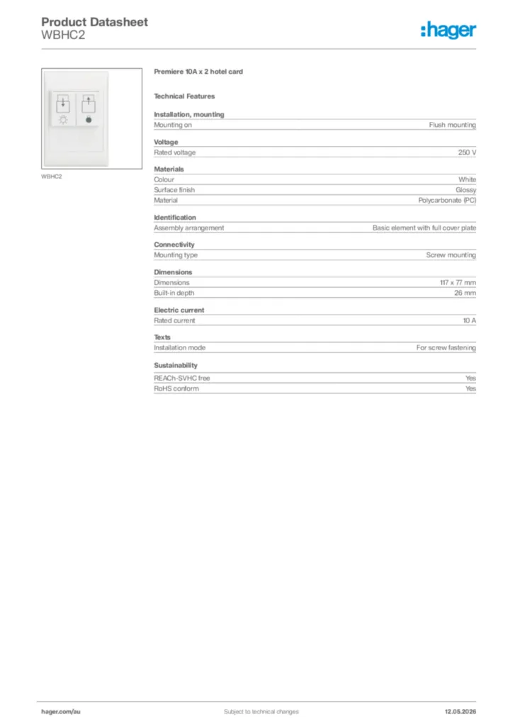 Image Hager Product data sheet WBHC2  | Hager Australia