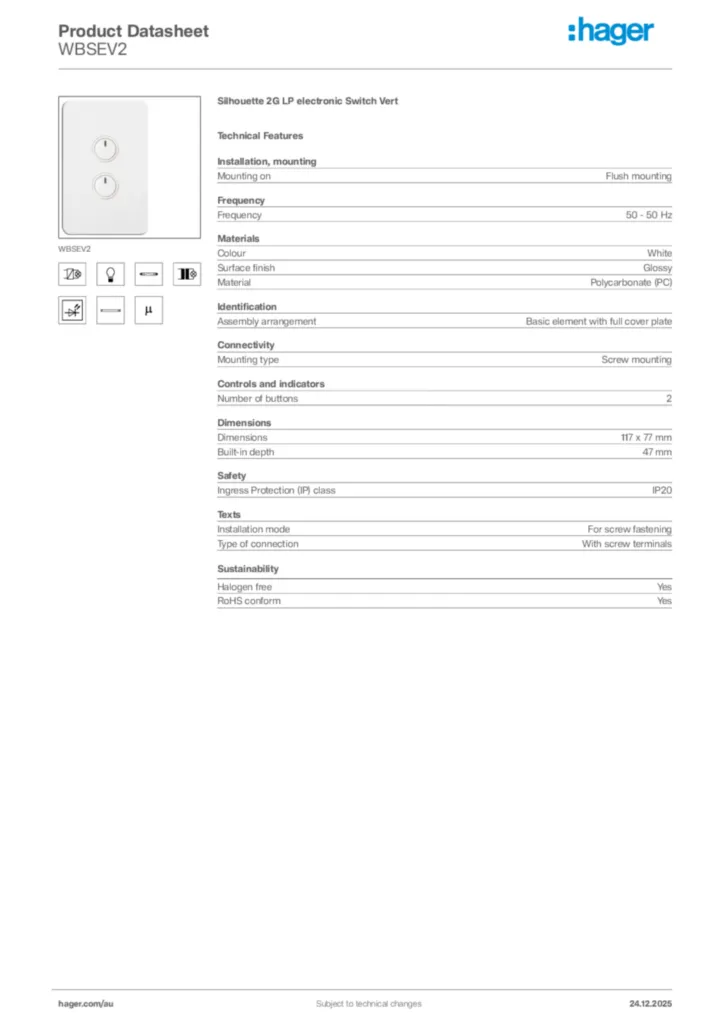 Image Hager Product data sheet WBSEV2  | Hager Australia