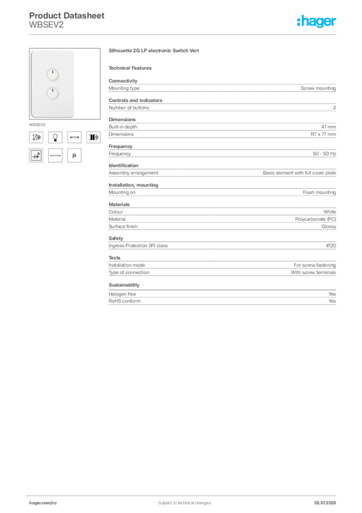 Image Hager Product data sheet WBSEV2  | Hager New Zealand