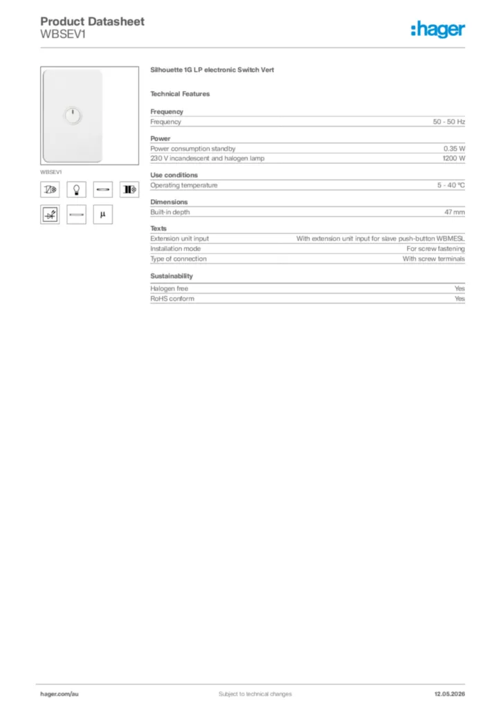 Image Hager Product data sheet WBSEV1  | Hager Australia