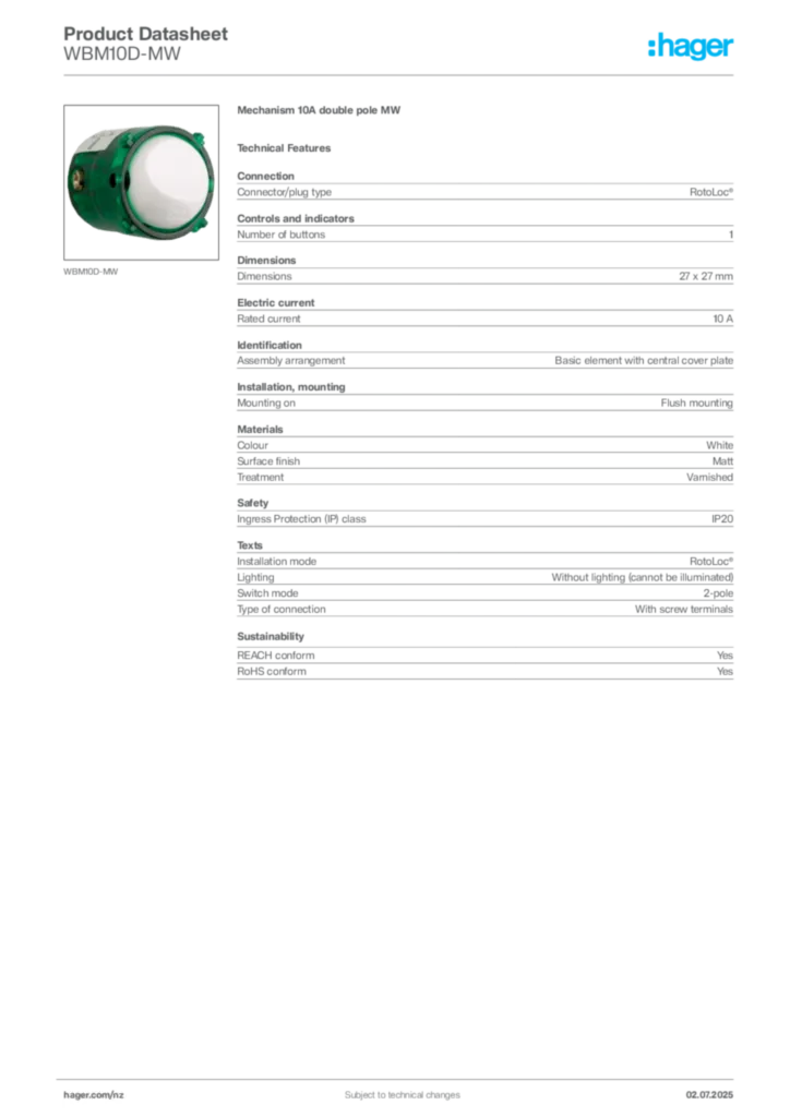 Image Hager Product data sheet WBM10D-MW  | Hager New Zealand