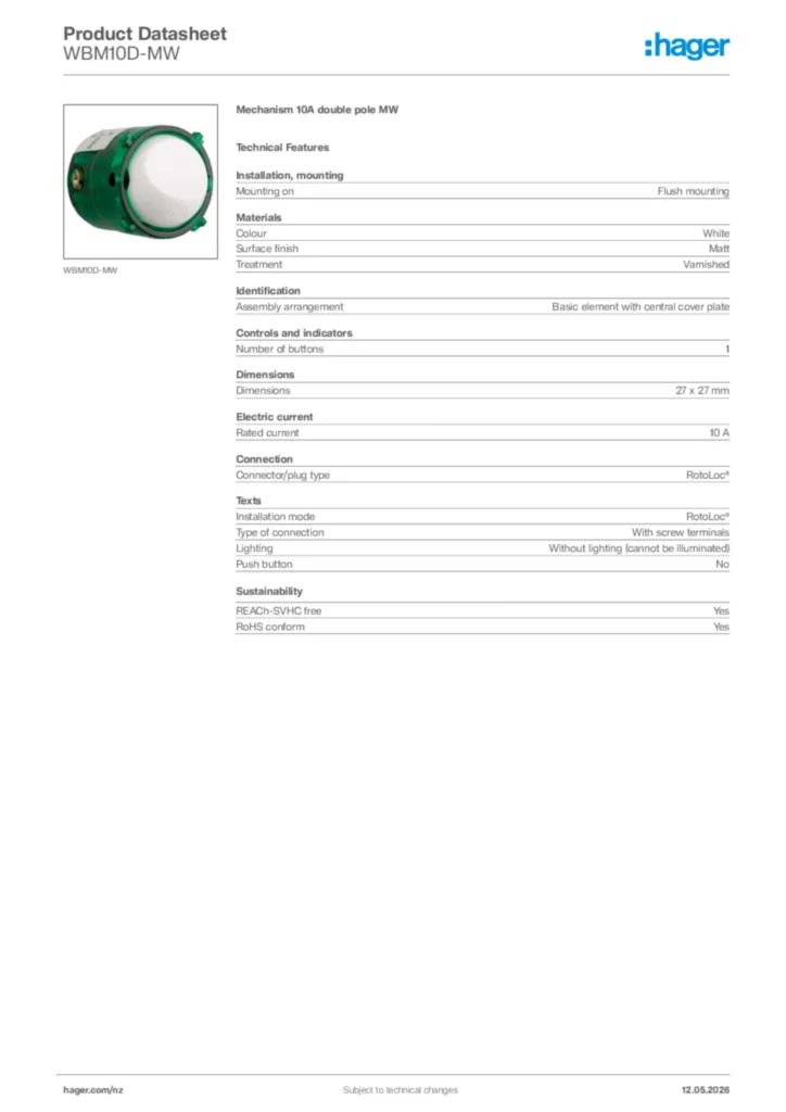 Image Hager Product data sheet WBM10D-MW  | Hager New Zealand
