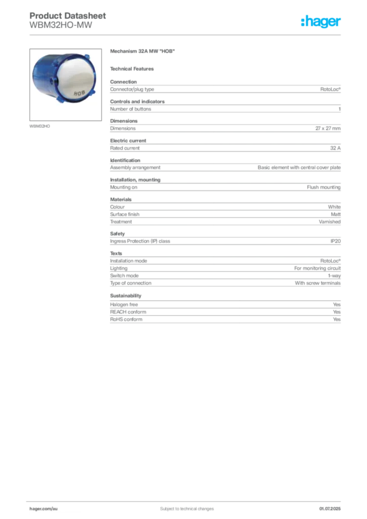 Image Hager Product data sheet WBM32HO-MW  | Hager Australia