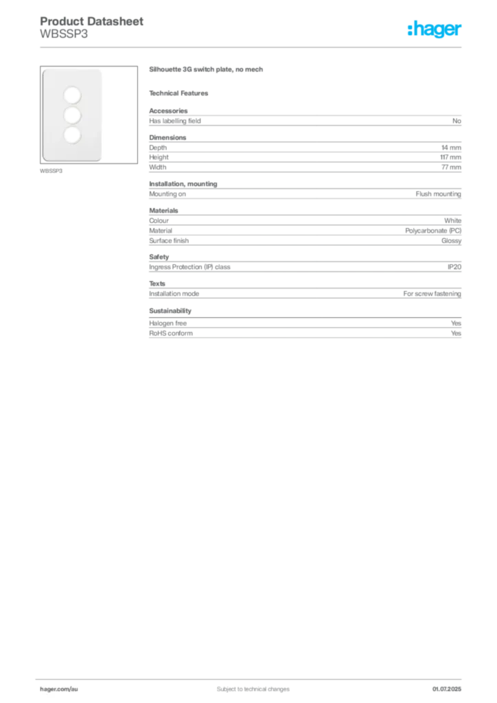 Image Hager Product data sheet WBSSP3  | Hager Australia