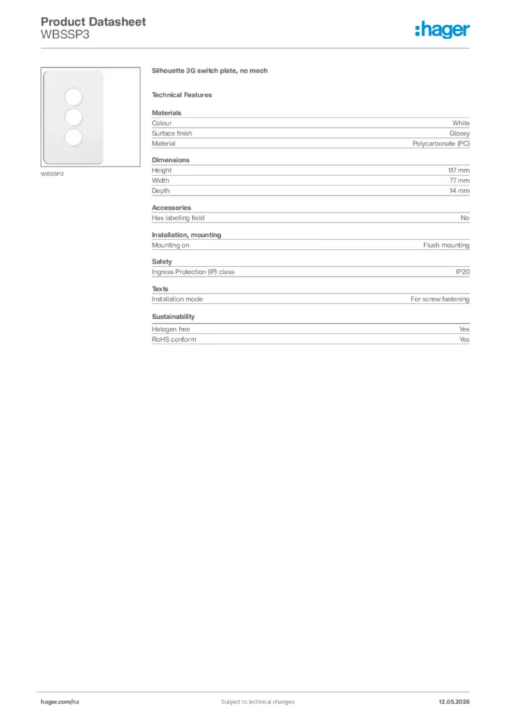 Image Hager Product data sheet WBSSP3  | Hager New Zealand