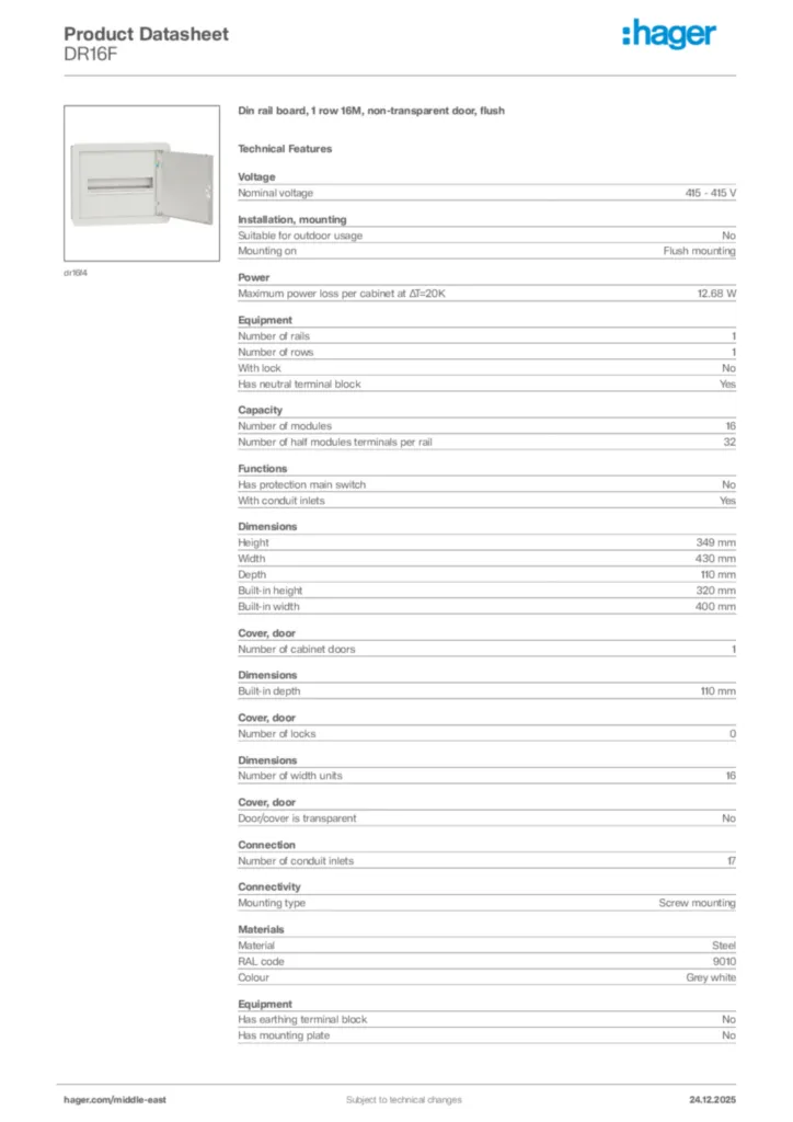 Image Hager Product data sheet DR16F  | Hager