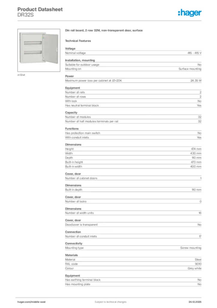 Image Hager Product data sheet DR32S  | Hager