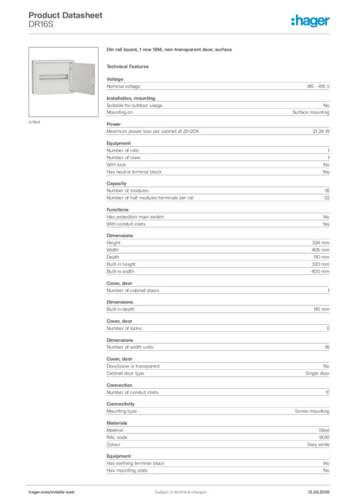 Image Hager Product data sheet DR16S  | Hager