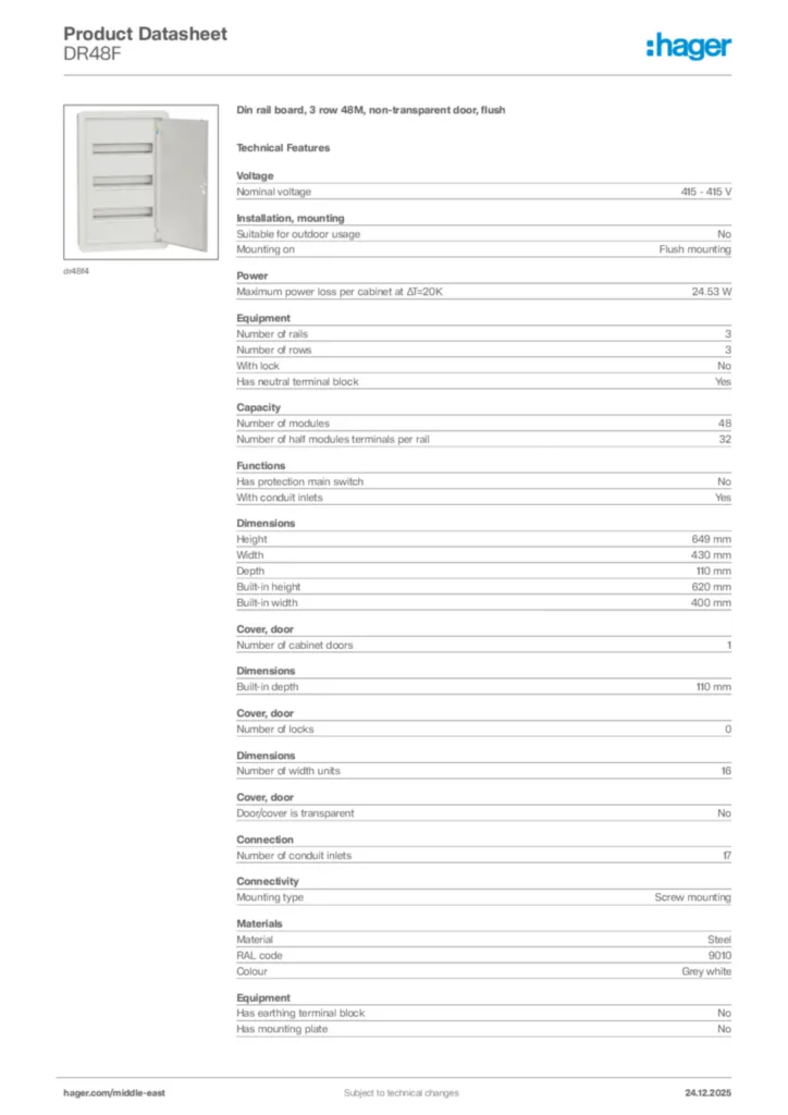 Image Hager Product data sheet DR48F  | Hager