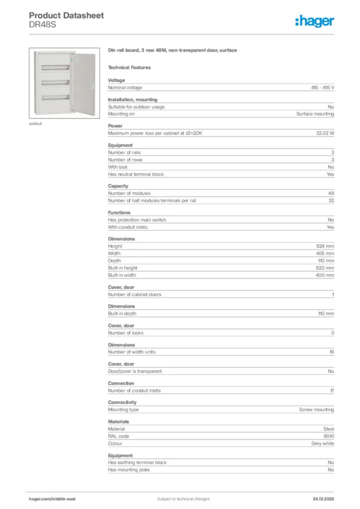 Image Hager Product data sheet DR48S  | Hager