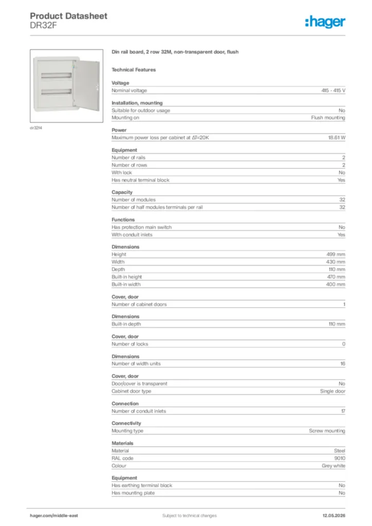 Image Hager Product data sheet DR32F  | Hager