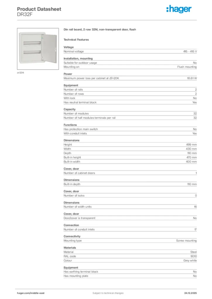 Image Hager Product data sheet DR32F  | Hager