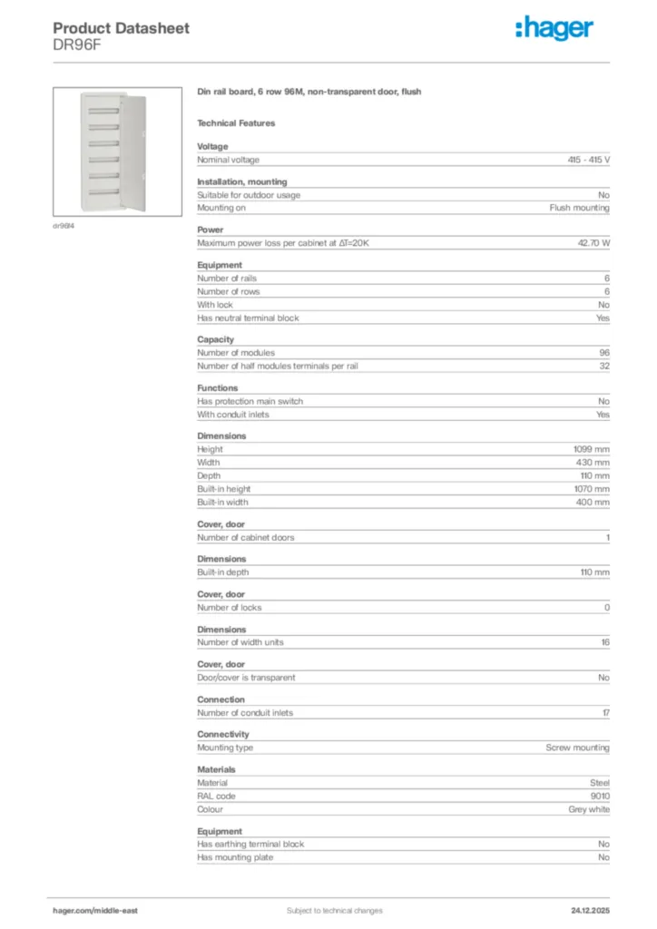 Image Hager Product data sheet DR96F  | Hager