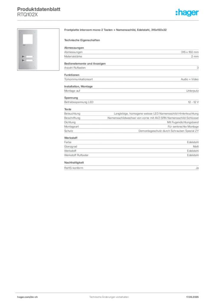 Bild Hager Produktdatenblatt RTQ102X | Hager Schweiz