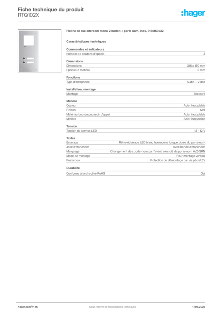 Image Hager Fiche technique du produit RTQ102X | Hager Suisse