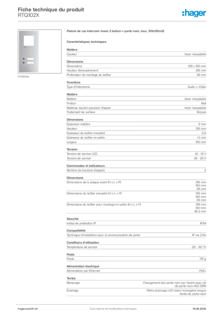 Image Hager Fiche technique du produit RTQ102X | Hager Suisse