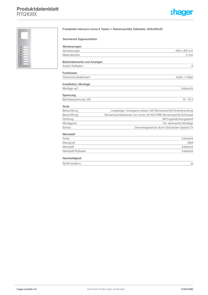 Bild Hager Produktdatenblatt RTQ108X | Hager Schweiz