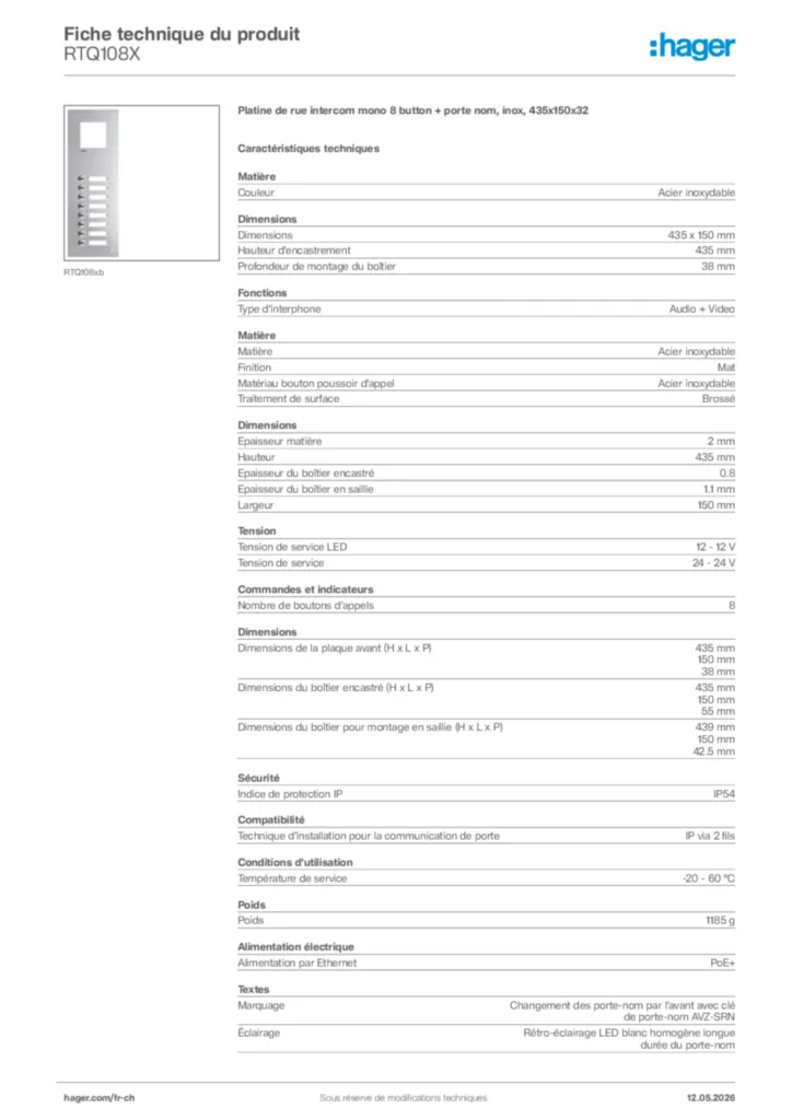 Image Hager Fiche technique du produit RTQ108X | Hager Suisse