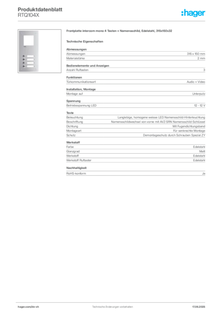 Bild Hager Produktdatenblatt RTQ104X | Hager Schweiz
