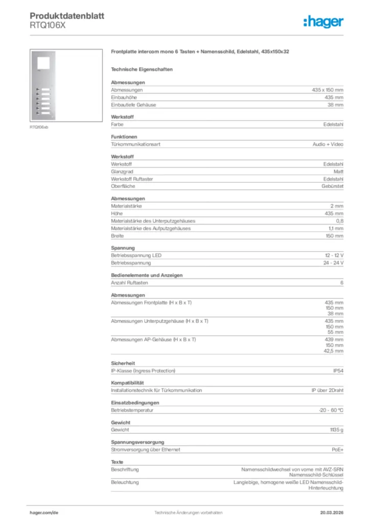 Bild Hager Produktdatenblatt RTQ106X | Hager Deutschland