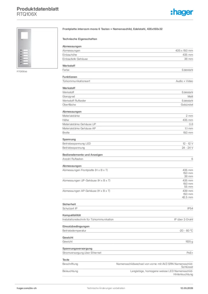 Bild Hager Produktdatenblatt RTQ106X | Hager Schweiz