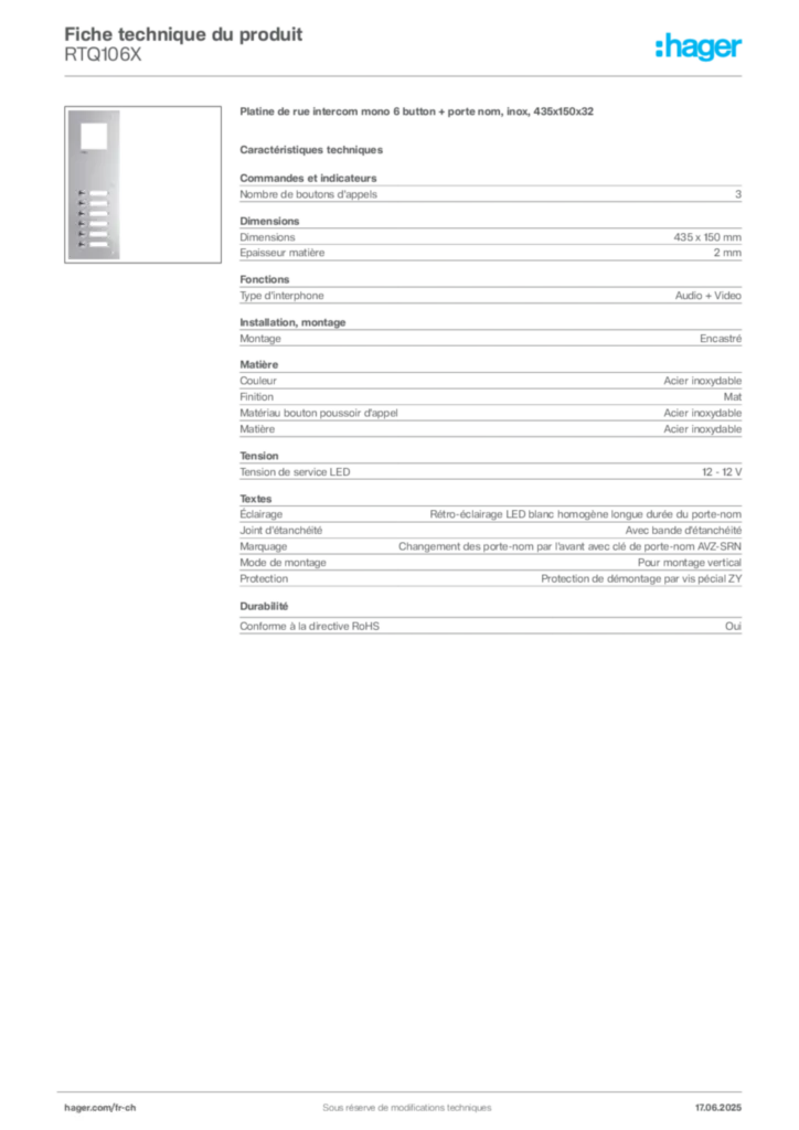 Image Hager Fiche technique du produit RTQ106X | Hager Suisse