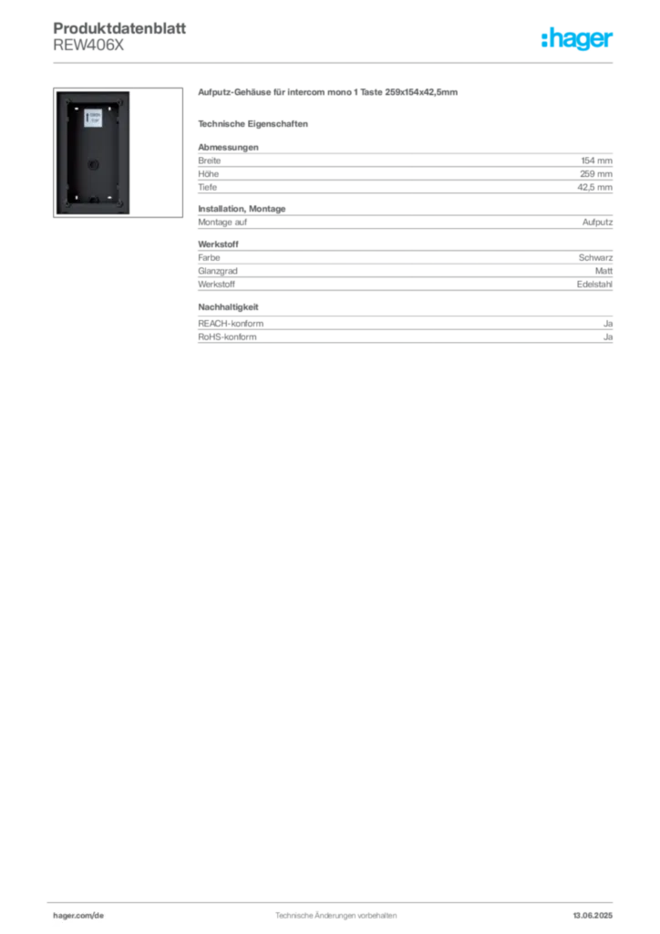 Hager Produktdatenblatt REW406X