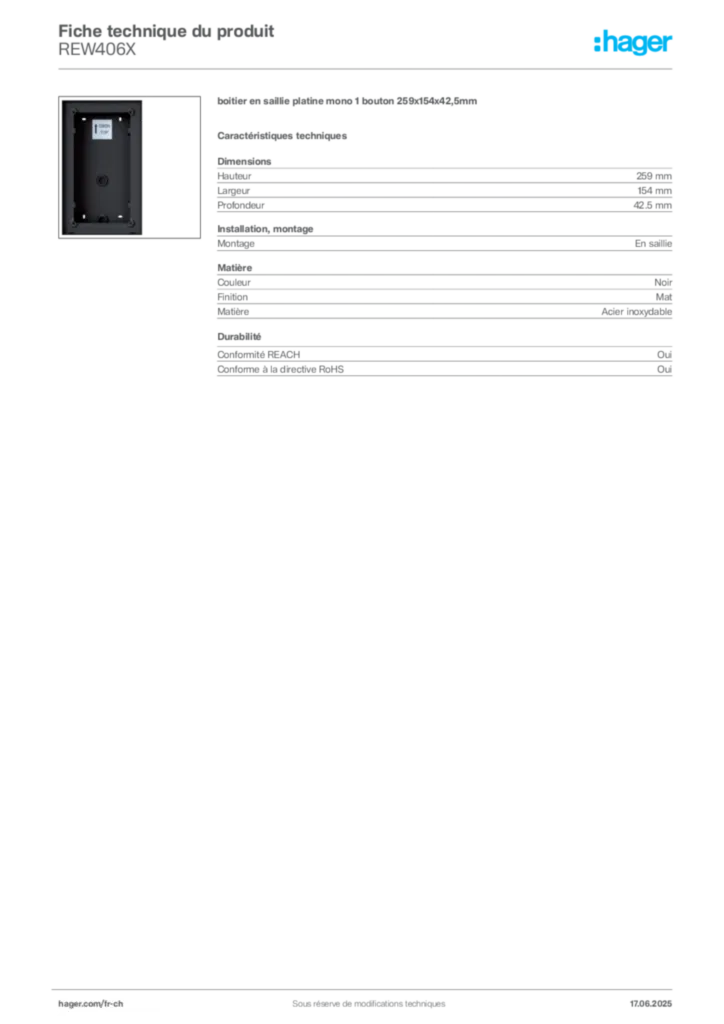 Image Hager Fiche technique du produit REW406X | Hager Suisse