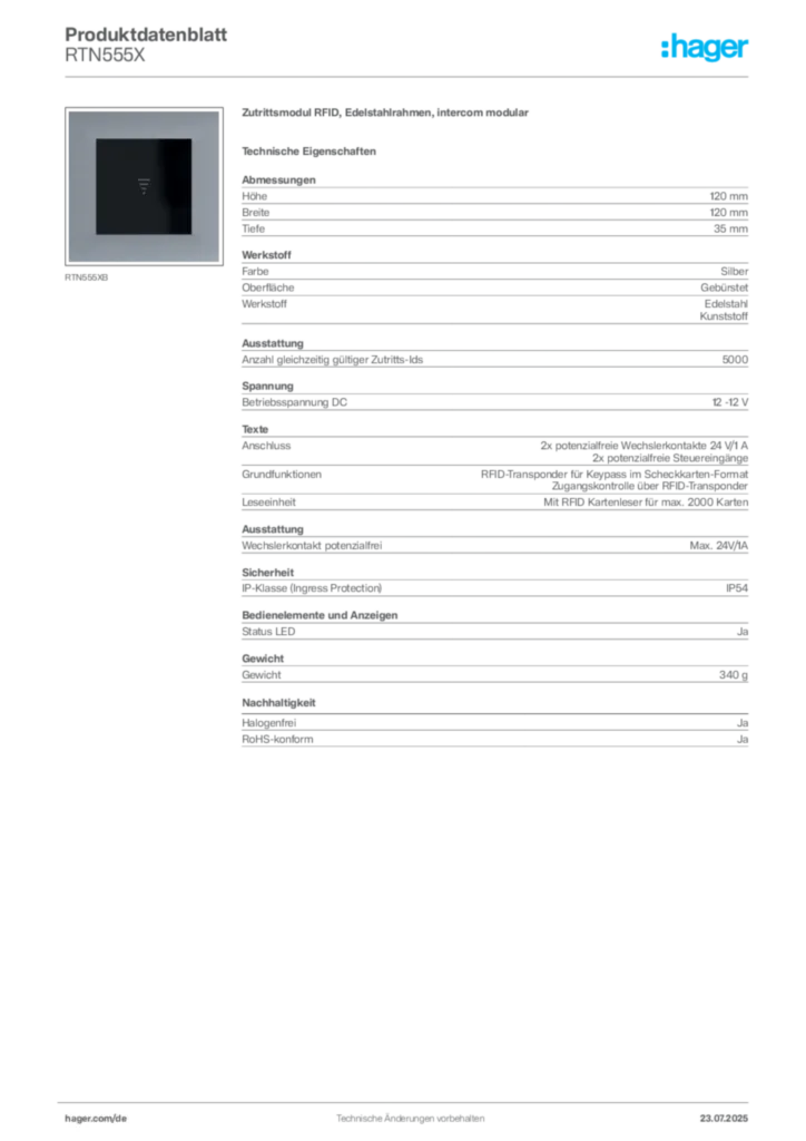 Bild Hager Produktdatenblatt RTN555X | Hager Deutschland